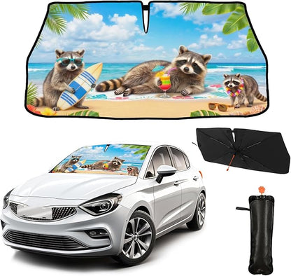 CHILL·TEK Funny Raccoon Car Windshield Sun Shade Umbrella Hawaiian Raccoon Car Sun Shade Umbrella Block UV Rays Heat Foldable Windshield Umbrella Sun Visor Protector - Keep Vehicle Cool for Cars SUV by CHILL%C2%B7TEK