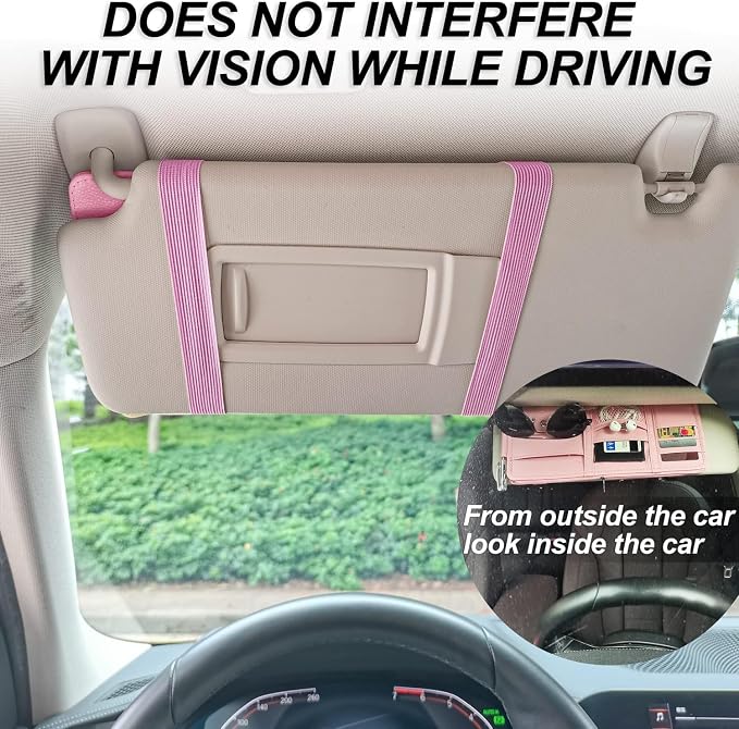 Keedolla 2 Pack Car Sun Visor Pocket Organizer, Auto Interior Accessories Car Truck Visor Organizer Storage Pouch Case Bag for Cards, Pens and Documents - Pink - Image 9