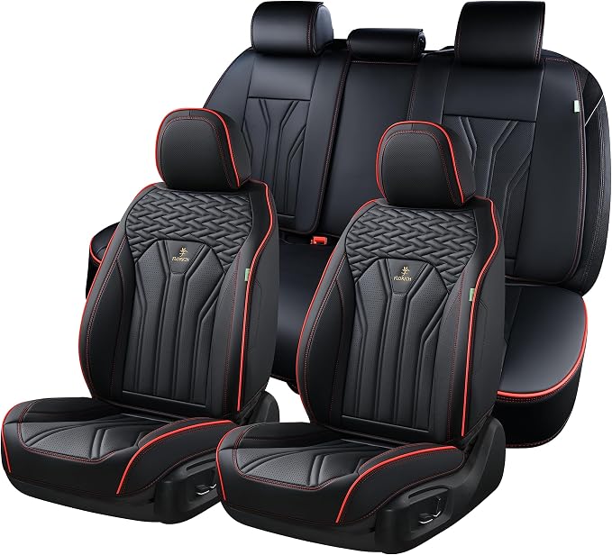 Leather Seat Covers, Seat Covers Full Set, Car Seat Protectors 5 Seats, Automotive Seat Covers Fit for Most Cars Trucks SUV-Black&Red Line by FLORICH