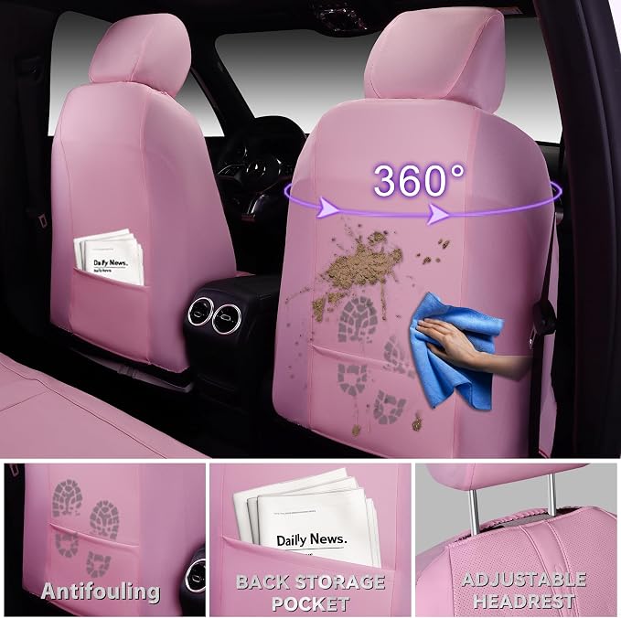 CAR PASS Pink Leather Seat Covers Full Set, Water Resistant 3D Foam Faux Leather Seat Cover, Luxury Comfort Automotive 5 Seat Covers Cute for Women Girly, Universal Fit SUV, Vans, Trucks, All Pink - Image 4