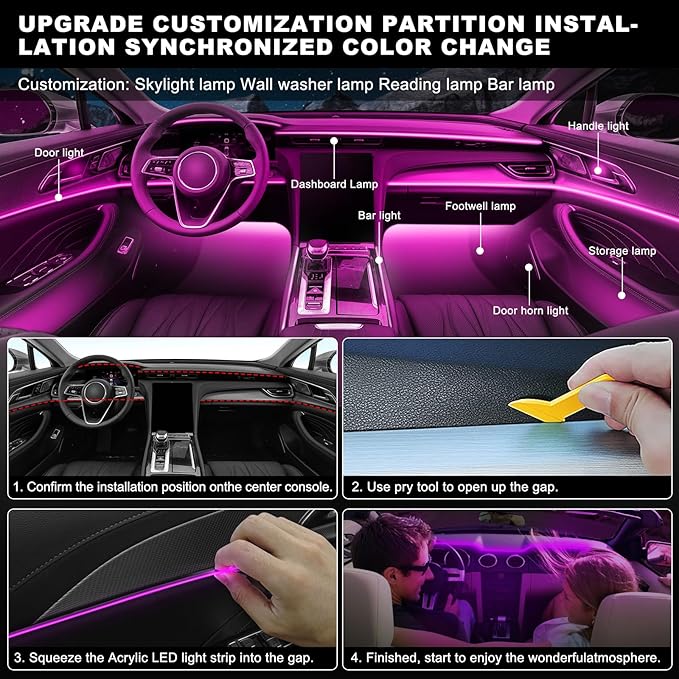 Acrylic Interior Car LED Strip Light with Wireless APP, RGB 10 in 1 with 175 inches 612 LEDs Fiber Optic Car Ambient Lighting Kits, Dynamic Music Sync Neon LED Strip Lights for Car - Image 7