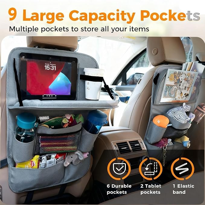 Backseat Car Organizer with Tray, 9 Storage Pockets Back Seat Protector with Foldable Tablet Holder, Waterproof Back of Seat Kick Mats for Kids Adult, Travel Accessories, Gray - Image 2