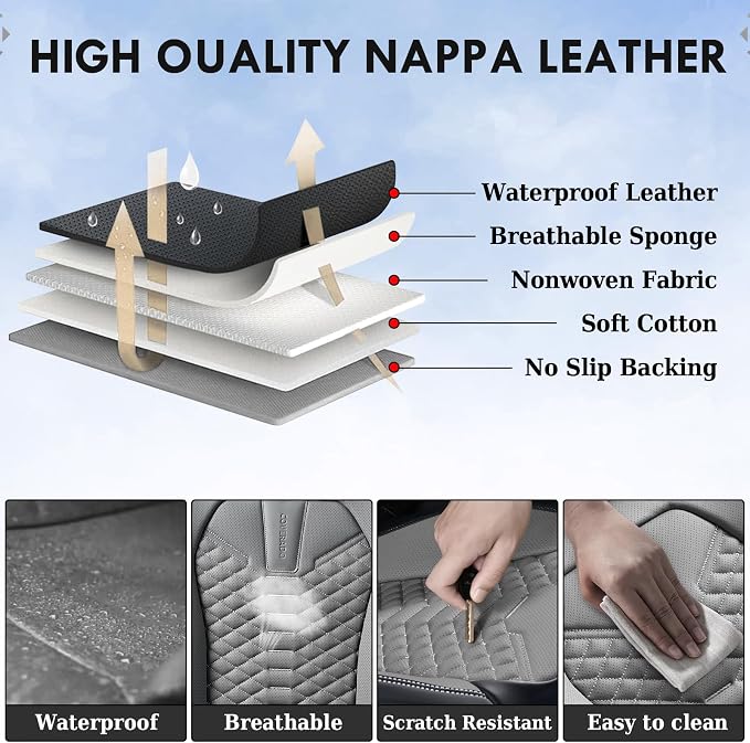 Coverado Leather Seat Covers, Car Seat Covers Full Set, Nappa Leather Seat Covers for Cars, Car Seat Protectors Waterproof, 5 Seats Black&Gray Automotive Seat Covers Fit for Most Cars Trucks - Image 5