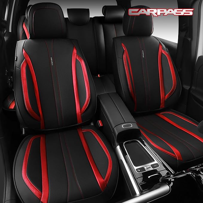 CAR PASS Nappa Leather Car Seat Covers, Durable Waterproof Luxury Universal Seat Covers for SUV Pick-up Truck Sedan, Anti-Slip Driver 5 Seat Covers Full Set with Backrest, Black Metallic Red - Image 3
