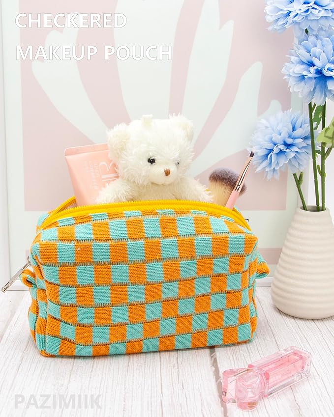 Checkered Makeup Bag for Purse, Small Travel Cosmetic Pouch,Orange Green | Cute Zipper Makeup Organizer for Women, Travel Essentials, Toiletries, Makeup Brushes, Beauty Accessories&Bridesmaid Gifts - Image 2