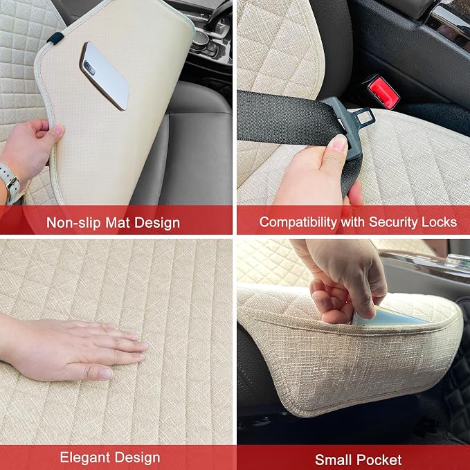 BOPUOVRE Linen Front Car Seat Covers Breathable Fabric | Car Seat Protector Universal Fit Cars Vans SUVs Trucks 2 Units Beige - Image 3