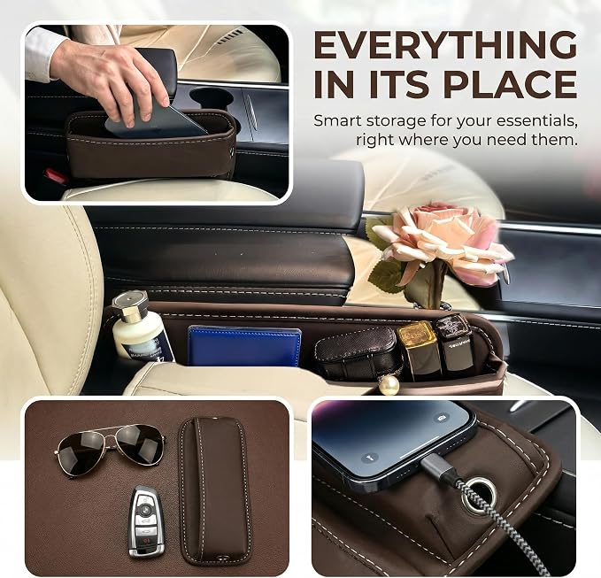 Car Seat Gap Organizer | PU Leather Seat-Side Storage Pocket with Cable Port | Fits Most Cars, SUVs and Trucks | White - Image 3