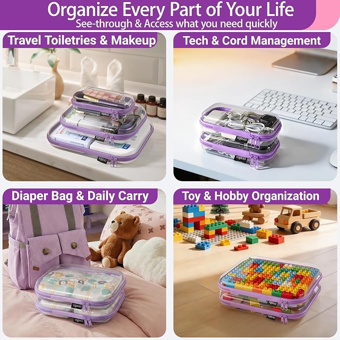 YQBRAO Clear Hard Shell Organizer Cases, 3-Pack, Purple | Rigid 1.2 mm PET organizers with multi-size design for cosmetics, travel storage, and everyday essentials - Image 3