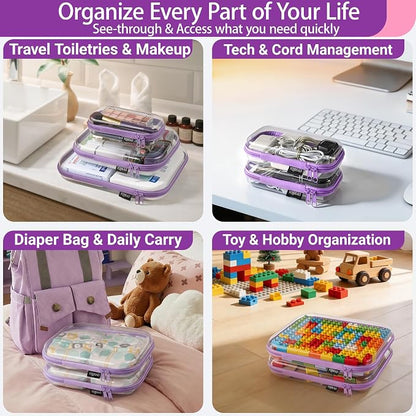 YQBRAO Clear Hard Shell Organizer Case Set, 3-Pack, Purple | Large, medium & small rigid PET organizers for crafts, travel, beauty and everyday storage - Image 3