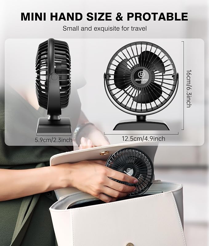 JZCreater USB Desk Fan, USB Fan Mini, 360 Rotation Desktop Fan with 3 Speed, Table Personal Cooling Fan, Quiet Mini Desk Fan, USB Powered, Small Fan for Home Office Bedroom Car Travel,Black+Black - Image 6