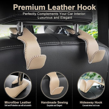 LivTee Beige Superior Leather Car Seat Back Headrest Hook, Auto Seat Hook Hangers Interior Accessories for Purse Coats Umbrellas Grocery Bags Handbag, 2-Pack - Image 2