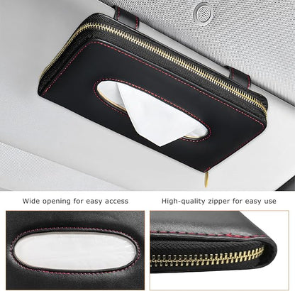 Car Tissue Box, Leather Auto Sun Visor Napkin Case Tissue Case Holder with Zipper, Sunvisor Paper Towel Storage Box Napkin Organizer for Most Vehicles, Car Accessories (Black) - Image 3