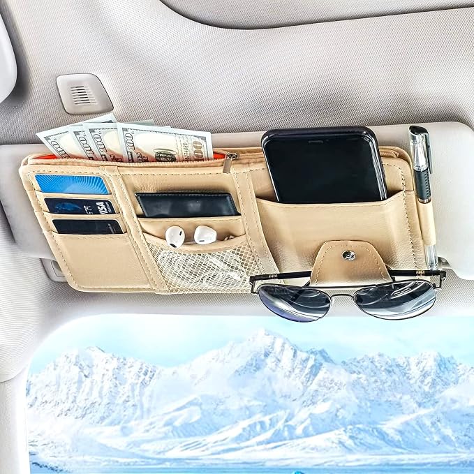 Keedolla Car Sun Visor Organizer Auto Interior Accessories Pocket Organizer, Sunglasses Holder Car Truck Visor Storage Pouch for Cards, Pens and Document - Beige by Keedolla