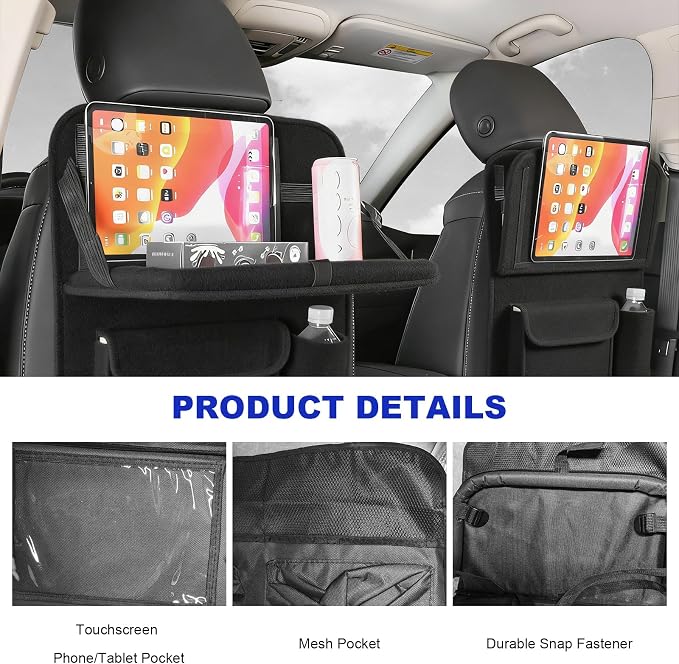2PCS Car Backseat Organizer with Foldable Table Tray, 5 Storage Pockets Auto Seat Back Protector w/Tablet Holder, Back Seat Cover Storage Organizer Kick Mats for Most Cars - Image 4
