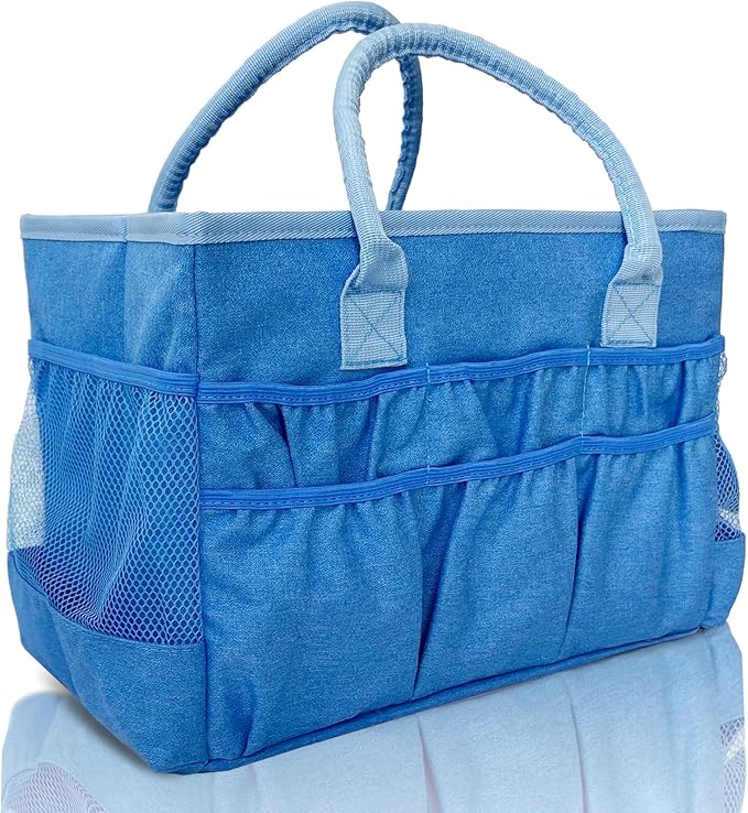 Cupohus Craft Organizer Tote Bag – Craft Caddy with 2 Mesh Side Pockets & Front Elastic Pockets, Foldable Large Capacity Supply Storage Bag for Sewing, Knitting, Painting, and Travel (Blue) by Cupohus