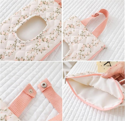 Portable Quilted Floral Tissue Holder – Hanging Fabric Tissue Box Cover with Strap, Reusable Tissue Dispenser for Baby Stroller, Car, Bedroom, Kitchen, Office & Travel,10.2 X 5.9 Inch (Pink) - Image 7