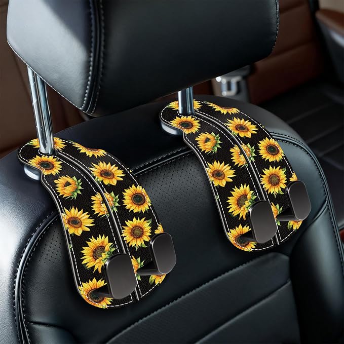 Blusabaca 2PCS Car Seat Headrest Hooks, Purses Bags Holder, Sunflower | PU Leather, Double Metal Back Storage Hangers for Grocery Bags Handbags Bottles Coats Phones, Car Accessories Organization by Blusabaca