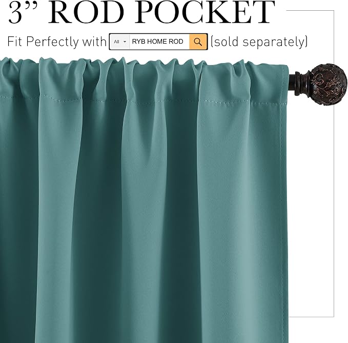 RYB HOME Short Teal Blackout Curtains for Small Bedroom Kitchen Cafe Window | Thermal Insulating, UV Blocking, Privacy Protection, Drapes/Tiers for Basement Garage Bathroom, W42 x L36, 2 Panels - Image 2
