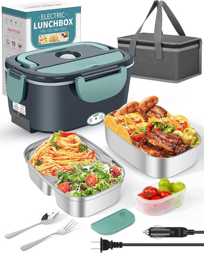 Eocolz Electric Lunch Box Food Heater, Food Warmer 1.5L Portable Heated Lunch Box for Car Truck Work Stainless Steel Fork & Spoon 12/24/110V for Adults Lonchera Eléctrica (gray-blue) by Eocolz