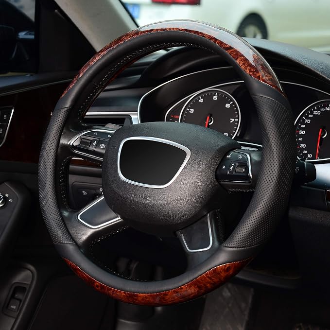 KAFEEK Wood Grain Steering Wheel Cover, Microfiber Leather, 15 Inch | Luxury Mahogany Style, Breathable Perforated Design, Anti-Slip Inner Ring, Odorless - Image 3