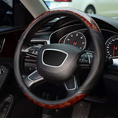 KAFEEK 16 inch Wood Grain Steering Wheel Cover, Large Size | Compatible for F150 F250 F350, Ram 4Runner Tacoma Tundra, Range Rover, Breathable Microfiber Leather - Image 3