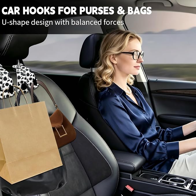 XIANGYUAN 2PCS PU Leather Car Seat Back Storage Headrest Hook,Purse Holder Bags Hanger,Women Car Accessories Organization(Black and white cows) - Image 6