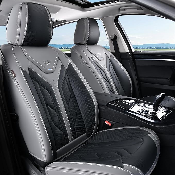 Coverado Car Seat Covers Full Set, Automotive Seat Covers Car Seat Protector Car Seat Cushion, Waterproof Leather Seat Covers for Cars, Universal Fit for Most Sedans SUV Pick-up Truck(Gray&Black) - Image 9