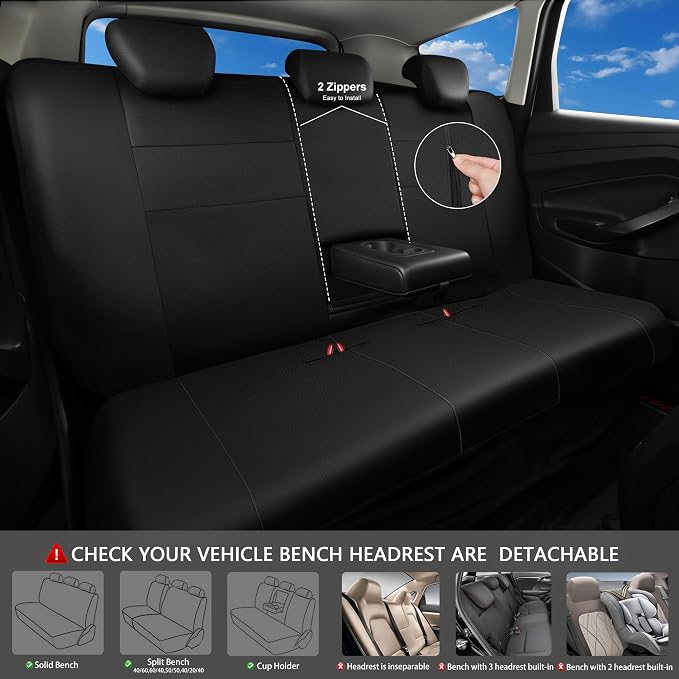 CAR PASS Leather Back Seat Cover, Universal Waterproof Bench Rear Seat Cover Zipper Split Rear Bench Protector Fit 95% Automotive Interior Covers for Cars Sedans SUVs (Rear,All Black) - Image 2