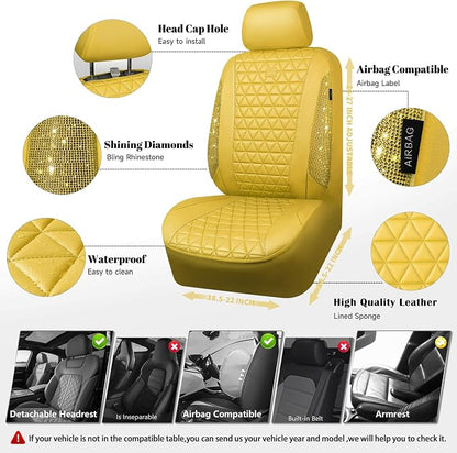 CAR PASS Yellow Bling Diamond Leather Car Seat Cover Full Sets,Waterproof Shining Glitter Sparkly Crystal Universal Fit for Automotive Truck SUV Cute Women Girl Airbag Compatable,All Yellow Rhinestone - Image 3