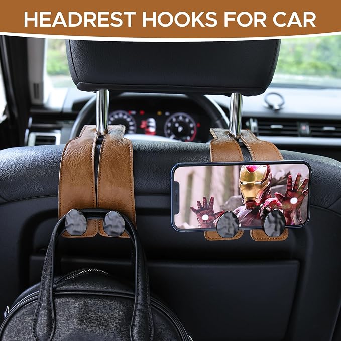 4 PCS Leather Car Seat Hooks for Headrest, Vehicle Hanger Storage Organizer Universal for Handbag Purse, Car Accessories Gift (Brown-Black-4 PCS) - Image 3
