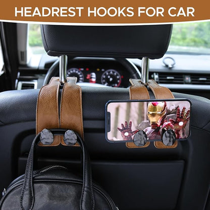 4 PCS Leather Car Seat Hooks for Headrest, Vehicle Hanger Storage Organizer Universal for Handbag Purse, Car Accessories Gift (Brown-Black-4 PCS) - Image 3