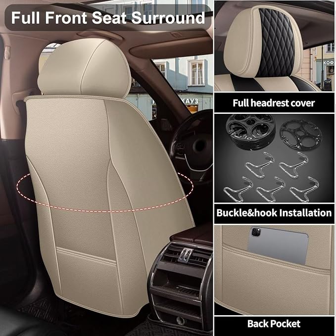 IKABEVEM Car Seat Covers Fit for Infiniti Q50 2014-2025 2026 Full Set | Waterproof Faux Leather, Airbag Compatible, Easy to Install & Wipe Car Seat Protector,5 Seats Covers Fit for , Beige&Black - Image 3