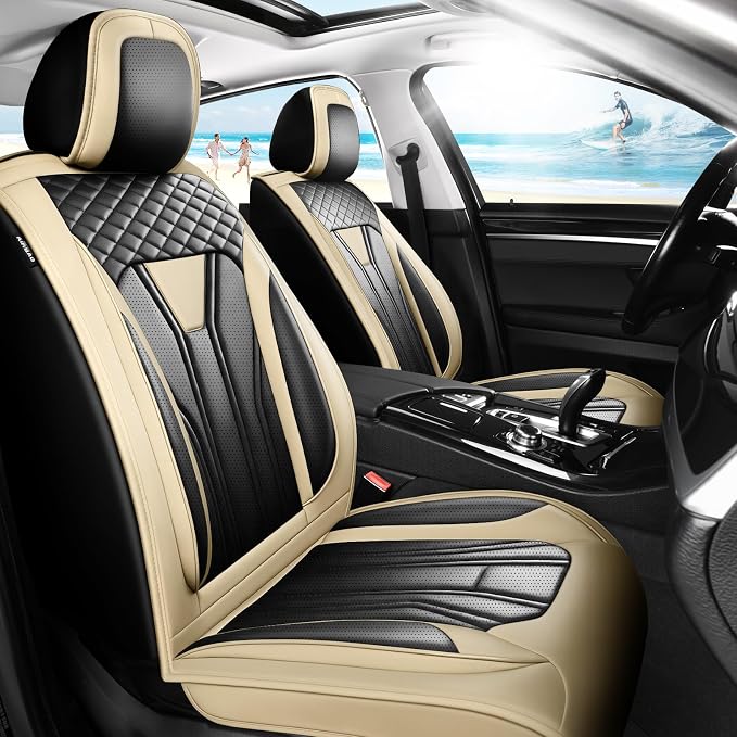 Fit Sienna Premium Leather Car Seat Covers for Toyota Sienna 2007-2025 2026 - Waterproof，Breathable，All-Weather Seat Cushion Protecto & Airbag Compatible, 2 Front Seat Beige&Black by Unknown