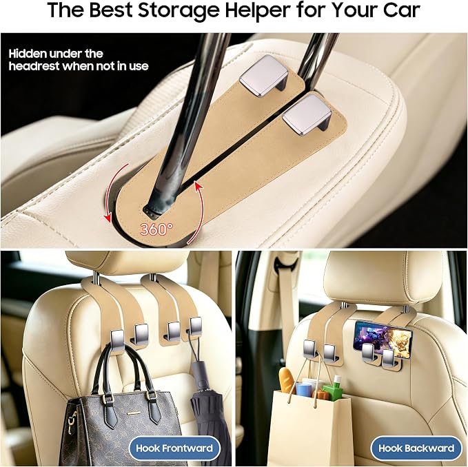 Amooca Car Headrest Hooks 2-Pack Suede Seat Organizer with Metal Core | Universal Fit, Double-hook Design, Backseat Storage for Backpack Umbrella Water Bottle Coat Purses Handbags Groceries, Beige - Image 3