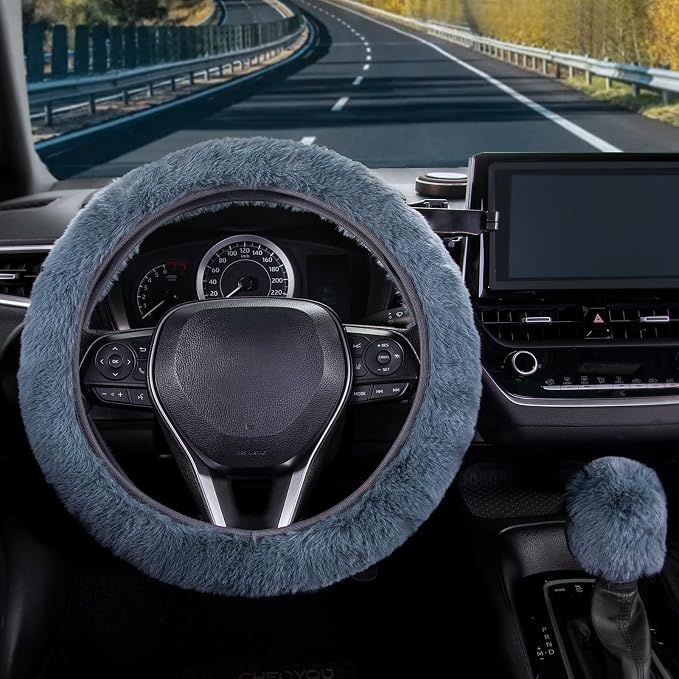 SEG Direct Furry Steering Wheel Cover Fluffy Fuzzy Gear Shift, Blue Gray | Gear Shift Cover, 2 PCS Set, Soft and Warm, Cute Fur Auto Car Decor, Standard Size 14.5- 15 inch for Women Men - Image 2