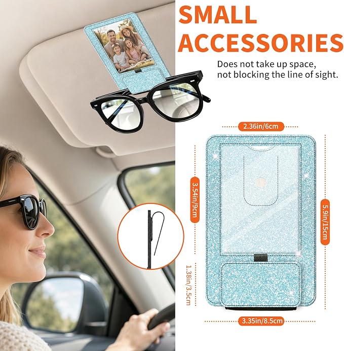 2-in-1 Car Visor Sunglasses & Photo Holder, Magnetic PU Leather Glasses Clip with Picture Display Slot, Universal Sun Visor Organizer for Eyeglasses, Personalized Cards & Memories, Holographic Glitter - Image 5