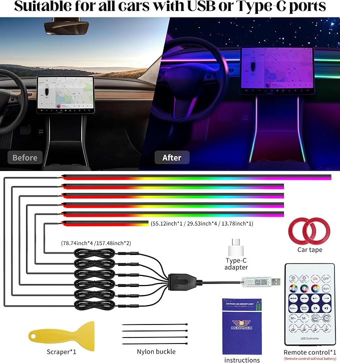 KENANEK 55.12Inch 6in1 Tesla Interior Lights, 5V USB & Type-C Powered, Acrylic Interior Car LED Strip Lights, App Controlled Music Sync, OEM-Style Ambient Lighting with Dreamcolor Effects - Image 4