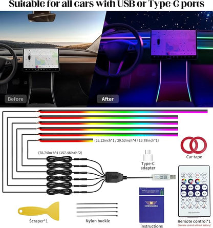 KENANEK 55.12Inch 6in1 Tesla Interior Lights, 5V USB & Type-C Powered, Acrylic Interior Car LED Strip Lights, App Controlled Music Sync, OEM-Style Ambient Lighting with Dreamcolor Effects - Image 4