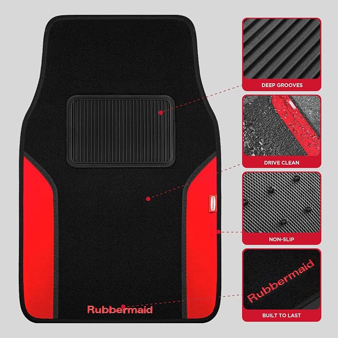 Rubbermaid Car Mats, Carpeted Floor Car Mat with Faux Leather & Built-in Heel Pad, Two-Tone Car Rug Floor Mats, Stylish Carpeted Floor Mats for Cars, Trucks & SUVs Red Color - Image 3