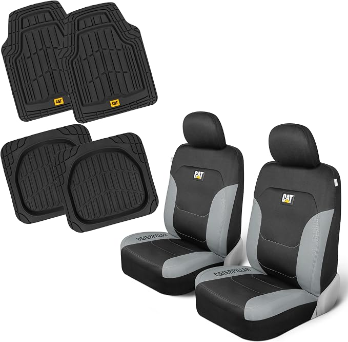 CAT Front Seat Covers for Cars (2-Pack) & 4-Piece Trim to Fit, Heavy Duty Protection, All Weather Floor Mats – Universal Fit, Waterproof Mats, Easy Install, for Trucks, SUVs, Vans, & Car Accessories by Unknown