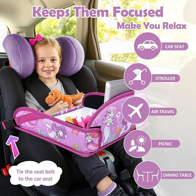 Toddler Car Seat Travel Tray FOR Road Trip Activities, 1PCS Mermaid | With 16.7" x 13.4" Smooth Dry Erase Board, Cup holders, Ddjustable Strap & Shoulder Carry Strap - Image 6