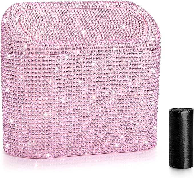 Accmor Bling Car Trash Can with Lid, Leak-Proof Mini Vehicle Trash Bin Automotive Dustbin Organizer Storage, Sparkling Crystal Trash Bag Container with 30pcs Garbage Bags for Car, Home, Office (Pink) by Accmor