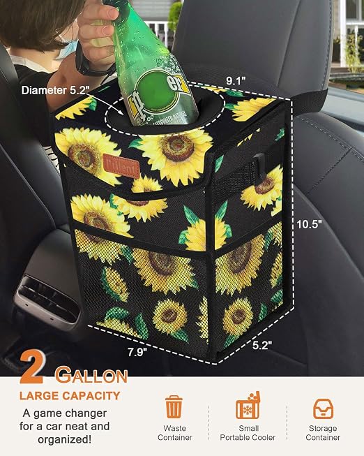 Pritent Car Trash Can with Lid Leakproof Car Garbage Bag Vehicle Trash Bin | Hanging Automotive Garbage Can,Multipurpose Car Accessories for Women Men Interior Car Storage Organizer(2 Gal,Sunflower) - Image 2