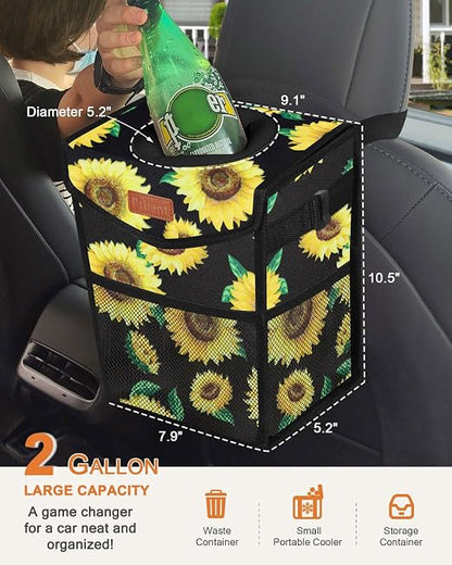 Pritent Car Trash Can with Lid Leakproof Car Garbage Bag Vehicle Trash Bin | Hanging Automotive Garbage Can,Multipurpose Car Accessories for Women Men Interior Car Storage Organizer(2 Gal,Sunflower) - Image 2