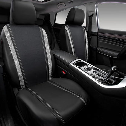 CAR PASS Leather Bling Diamond Car Seat Cover 2 Front Interior Sets, Waterproof Universal Shining Glitter Crystal Sparkle Fit for 95% Automotive Truck SUV Cute Women Girl, Black Silver Rhinestone - Image 7