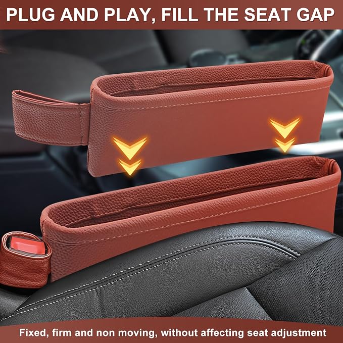 2 Pack Update Car Seat Gap Filler Organizer Leather Console Storage Box Front Side Pocket Seats Organizers Filler Interior Car Accessories for Phone Wallet Coin Key Sunglasses (Brown) - Image 4