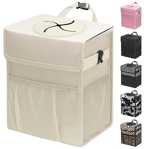 Capolo Car Trash Can with Lid, Leakproof Car Garbage Can Car Trash Bag | Waterproof, Trash Can for Car, 3 Mesh Pockets, Mini Hanging Vehicle Car Trash Bin, for Back/Front Seat (Beige,3 Gal) by Capolo