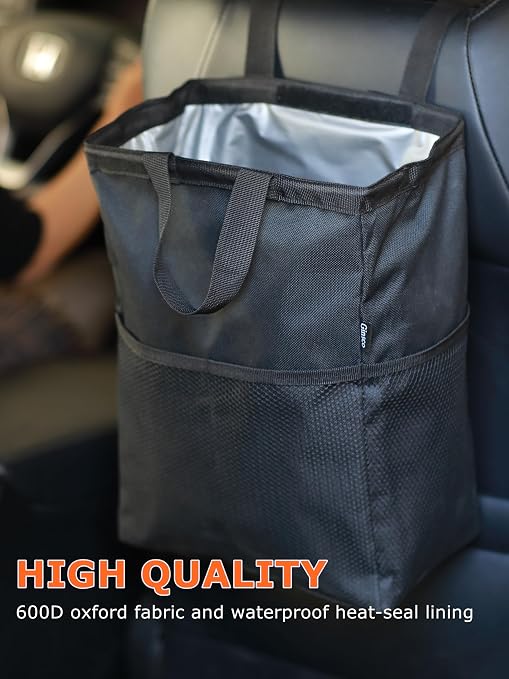 Ginsco New Leak-Proof Travel Car Trash Bag, 3.5 Gallons Large Capacity Hanging Car Trash Can with Hook and Loop Lid and Handle, Multipurpose Trash Bin with Storage Pockets for SUV RV Camping (Black) - Image 6