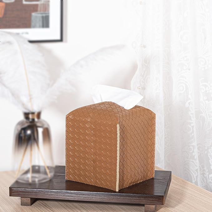 Tissue Box Cover Square Leather Facial Paper Holder, Brown | PU Leather，Easy to Fill, Easy Clean, Decorative Cube Tissue Box Holder for Office, Bathroom,Kitchen, Living room, Guest room - Image 2