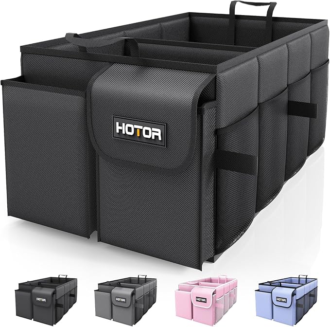 HOTOR Trunk Organizer - Foldable Car Organizer for SUVs & Sedans Storage | Sturdy Car Organization for Men & Women, Car Accessories, Tools, Sundries, Black, 2 Compartments, 21.3" x 12.6" x 10.6" by HOTOR